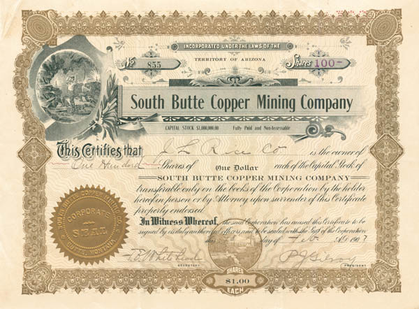 South Butte Copper Mining Co. - Stock Certificate